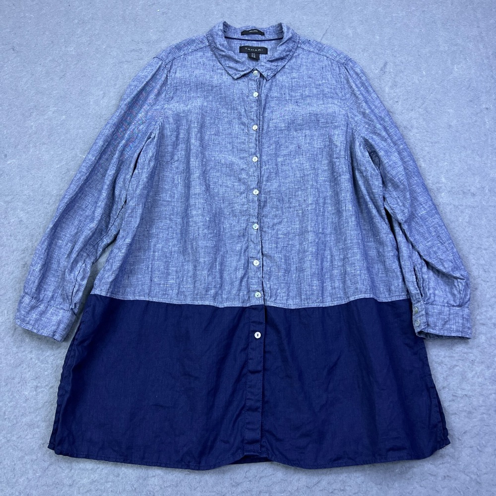 Tahari Top Women's 1X Blue 100% Linen Chambray‎ Long Button Up Woven Shirt Tunic